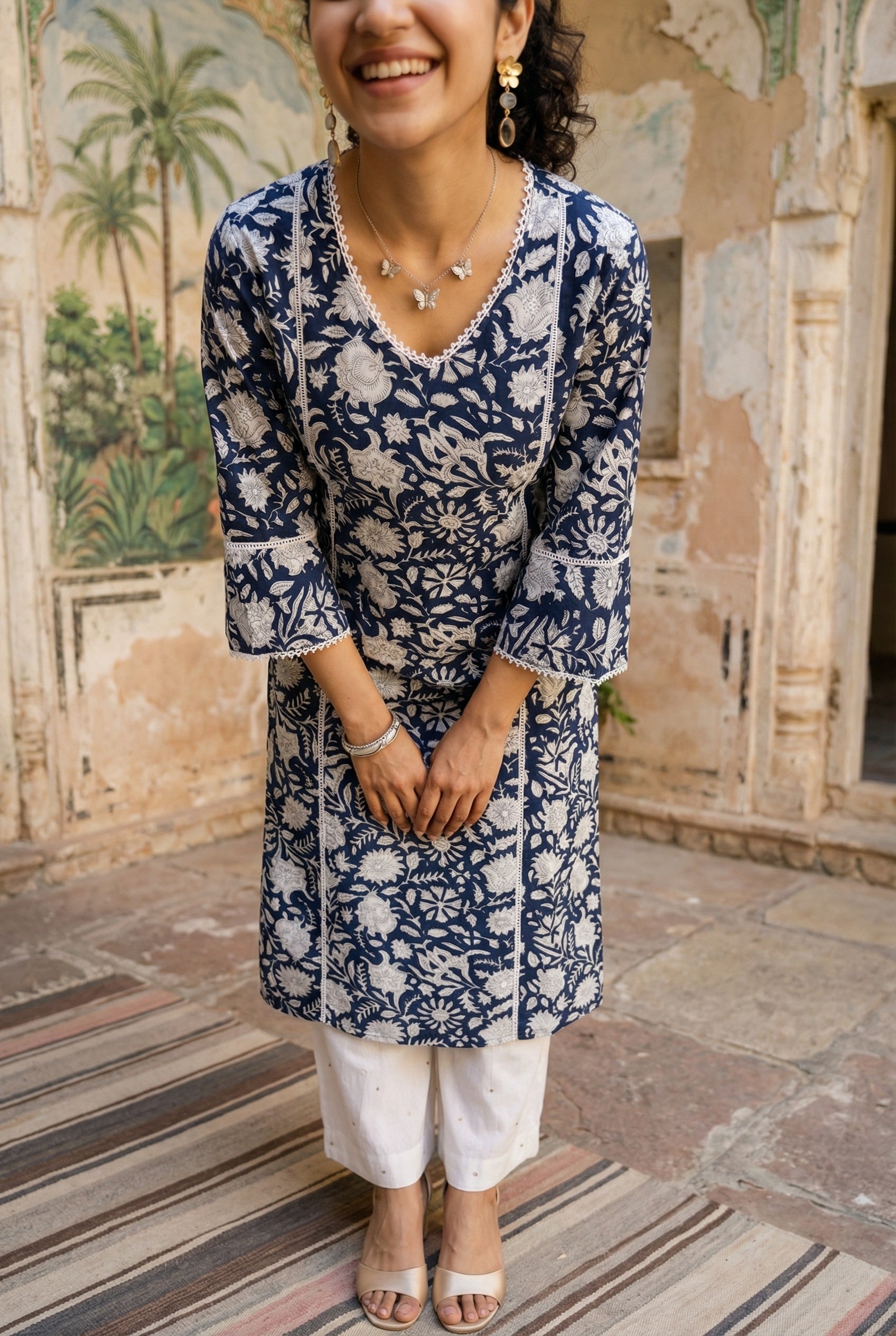 Black V-Neck Floral Print Cotton Kurta For Women