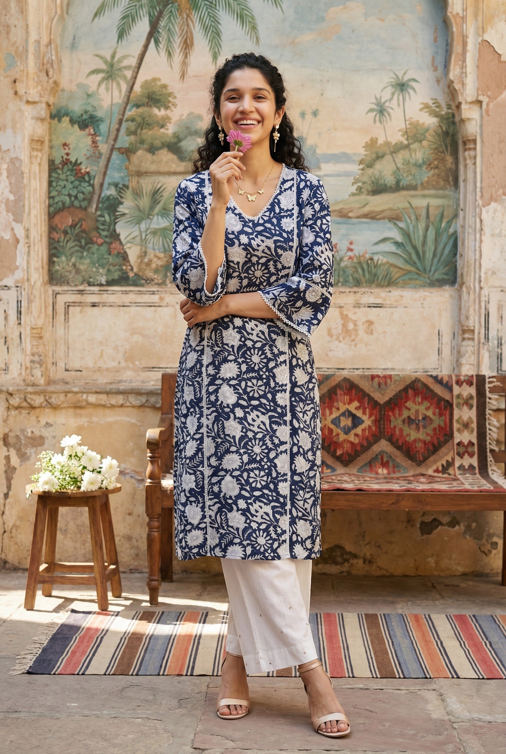 Black V-Neck Floral Print Cotton Kurta For Women