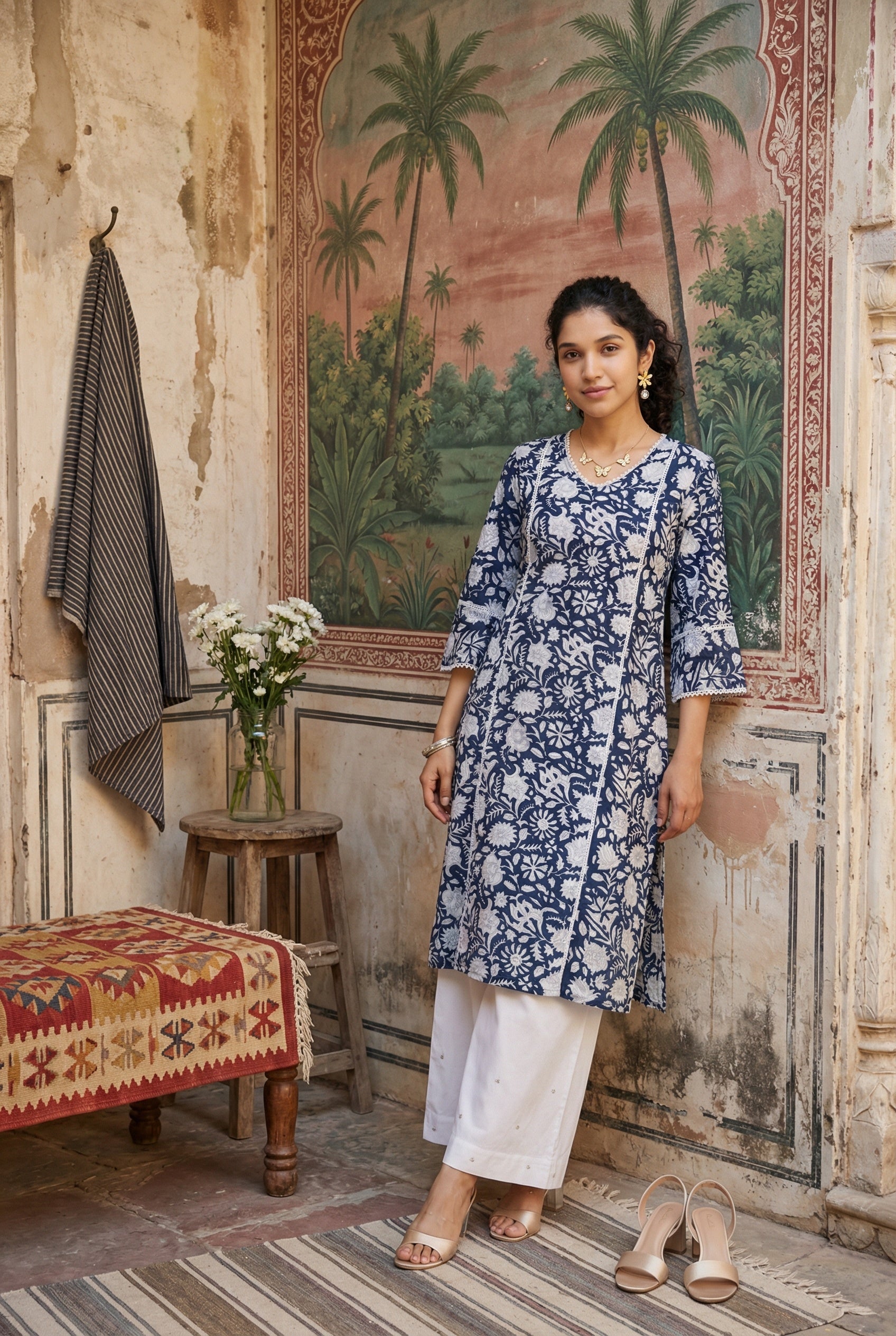 Black V-Neck Floral Print Cotton Kurta For Women