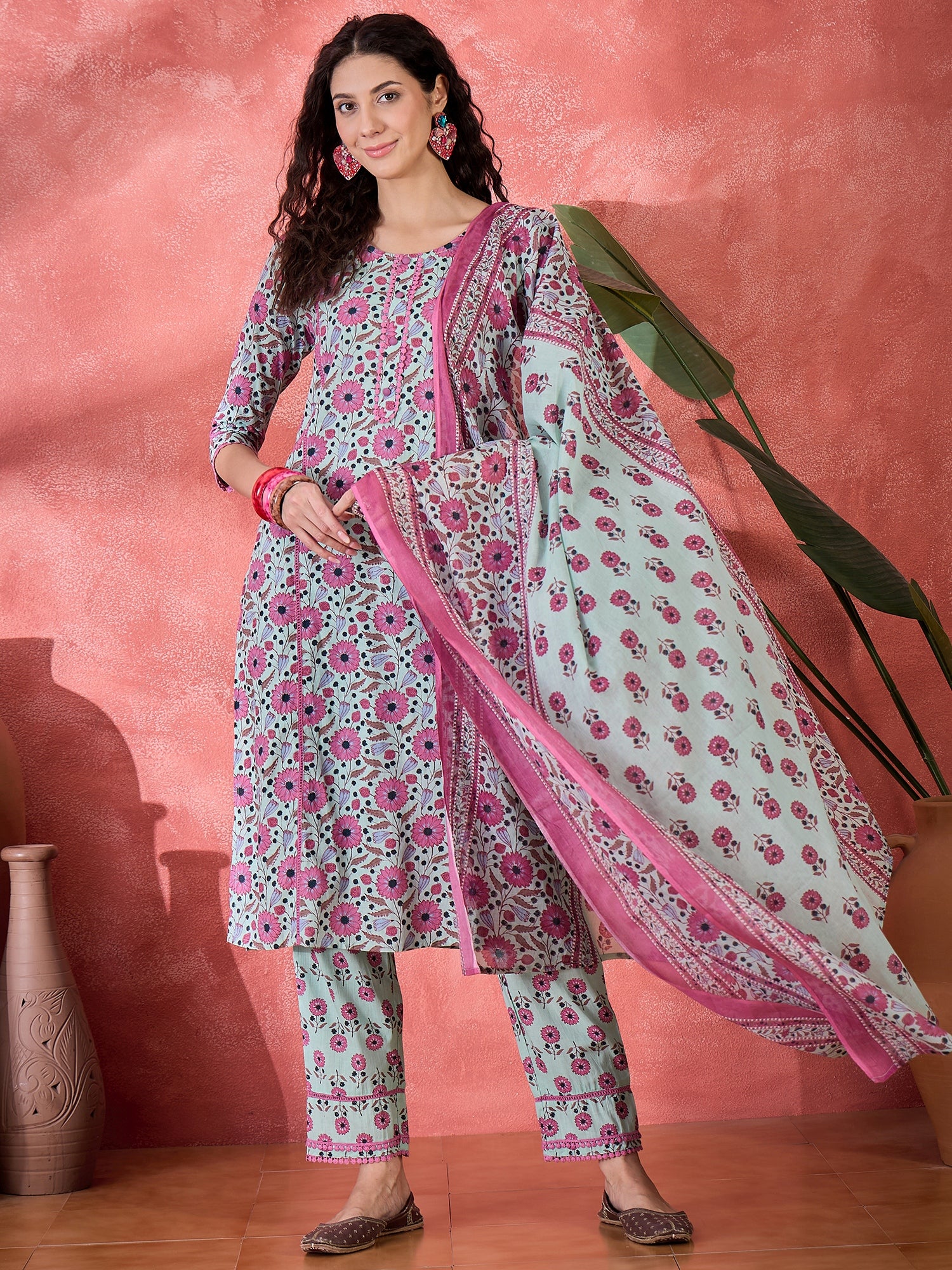 Green Pure Cotton Calf Length Round Neck Kurta set for Women