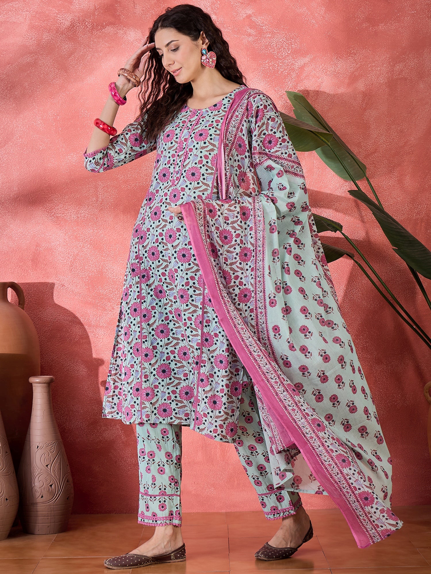 Green Pure Cotton Calf Length Round Neck Kurta set for Women