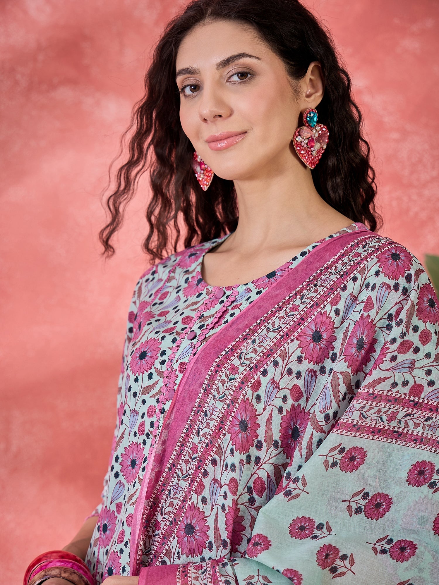 Green Pure Cotton Calf Length Round Neck Kurta set for Women