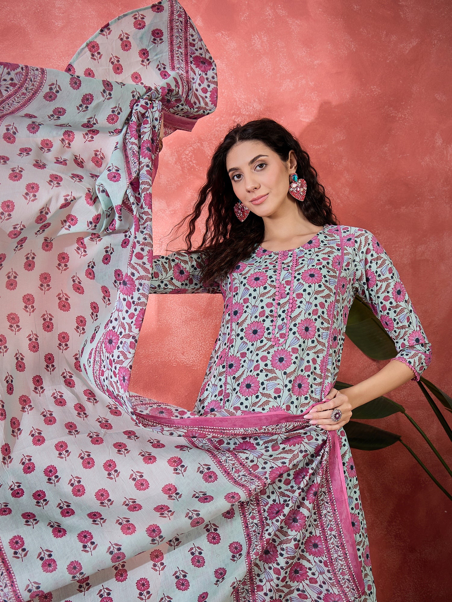 Green Pure Cotton Calf Length Round Neck Kurta set for Women