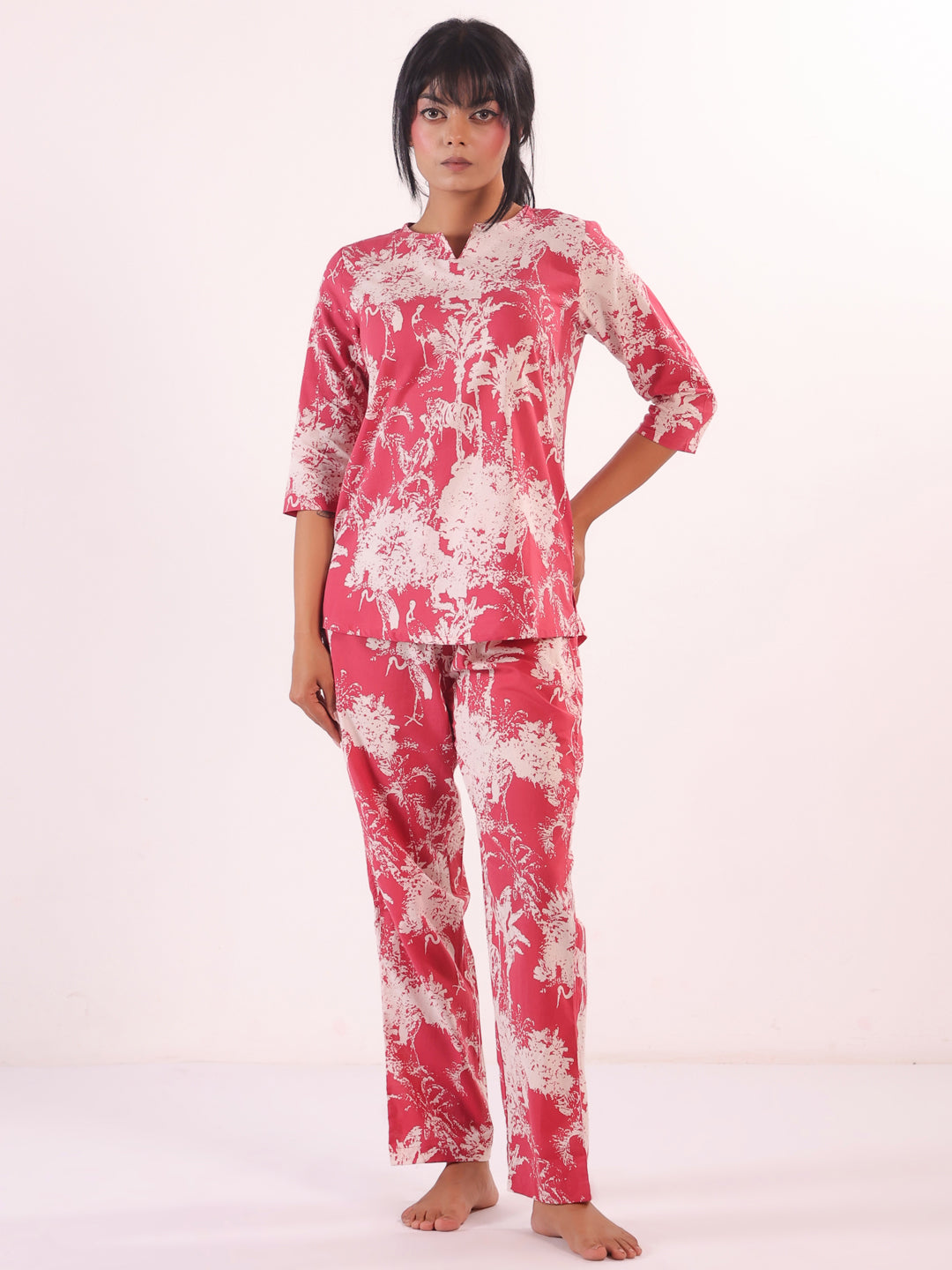 Pink Round Neck Tropical Print Pure Cotton Night Suit For Women