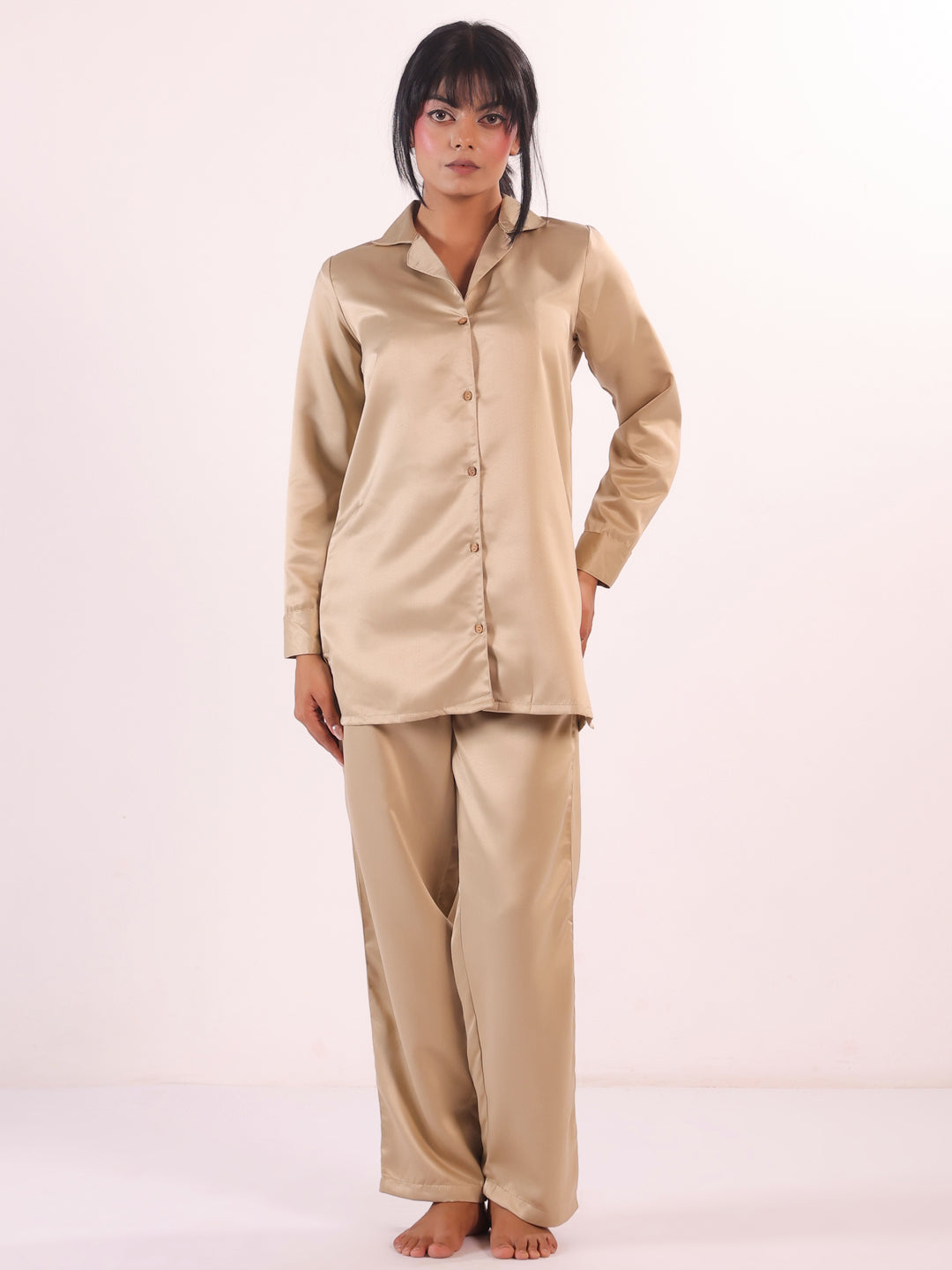 Beige Lapel Collar Solid Print Pure Silk Night Suit For Women