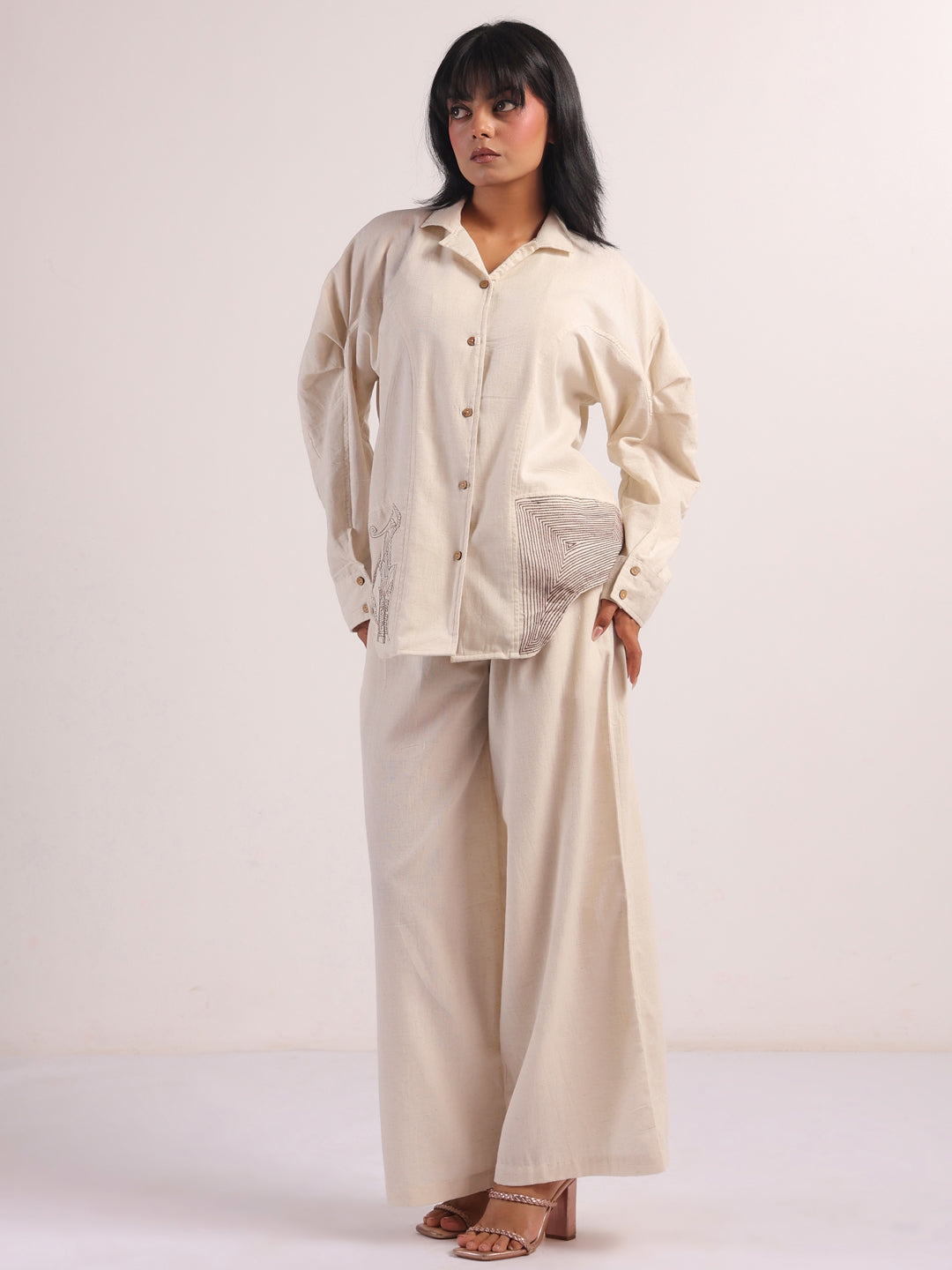 Cream Embroidered Lapel Collar Pure Cotton Co-Ord Set For Women