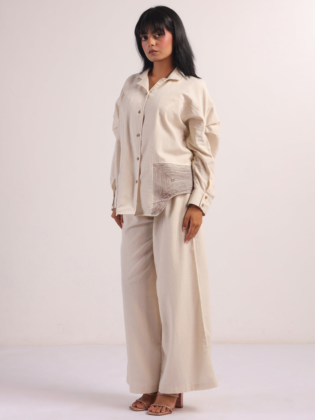 Cream Embroidered Lapel Collar Pure Cotton Co-Ord Set For Women