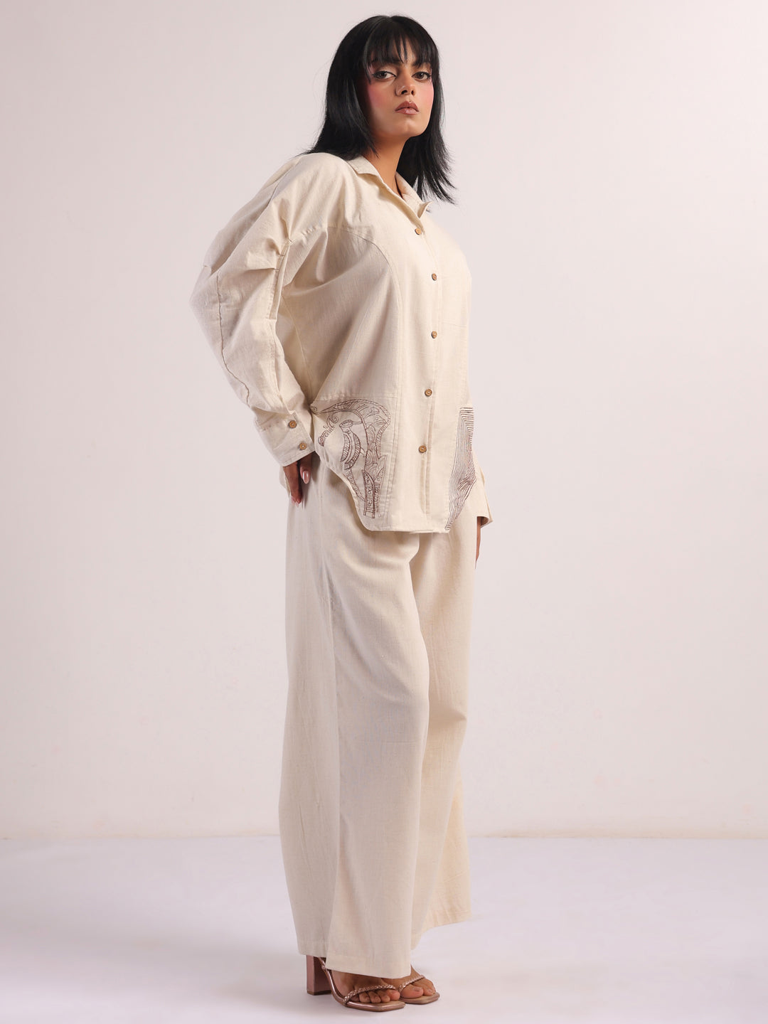 Cream Embroidered Lapel Collar Pure Cotton Co-Ord Set For Women