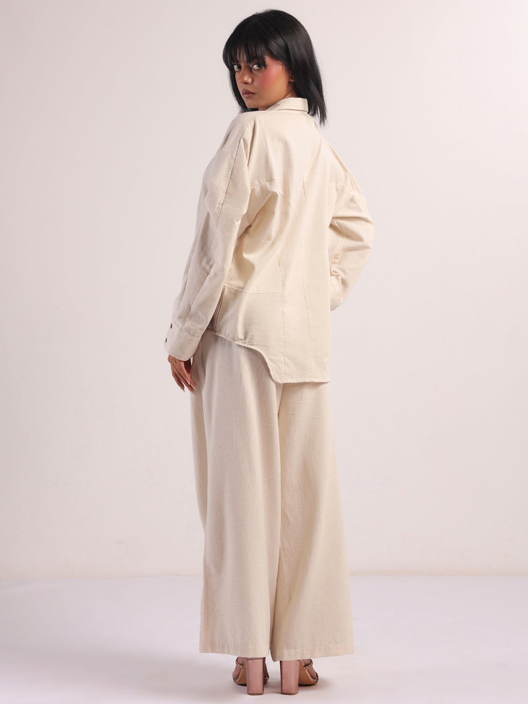 Cream Embroidered Lapel Collar Pure Cotton Co-Ord Set For Women