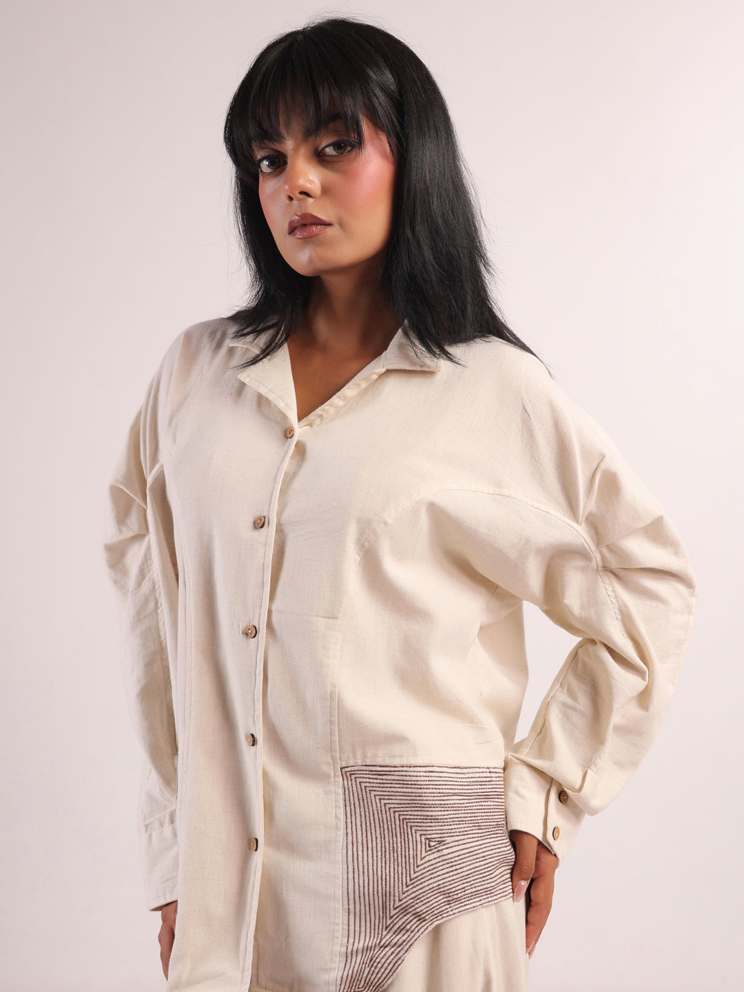 Cream Embroidered Lapel Collar Pure Cotton Co-Ord Set For Women