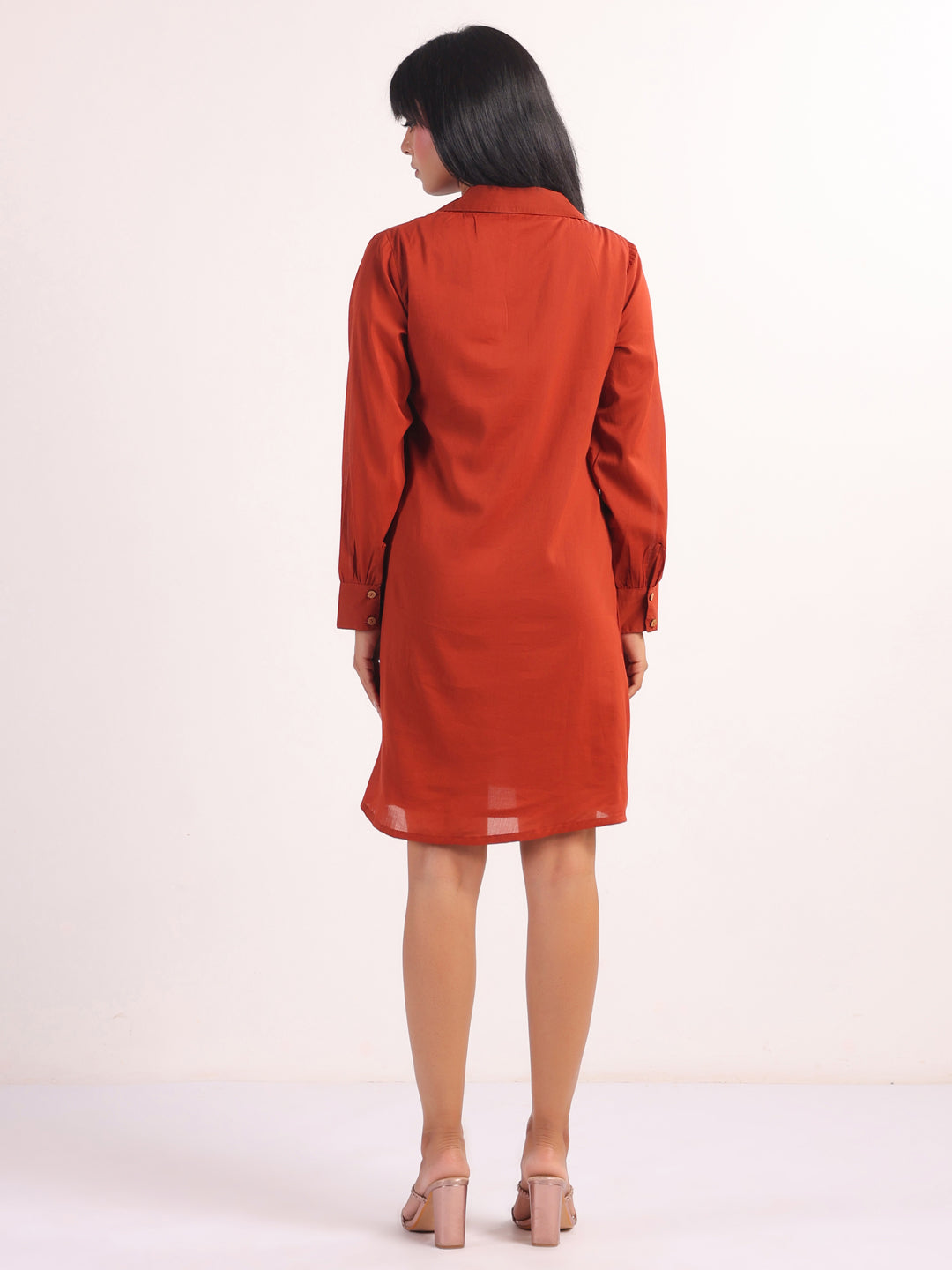 Rust Shoulder Straps Printed Flared Midi Dress For Women