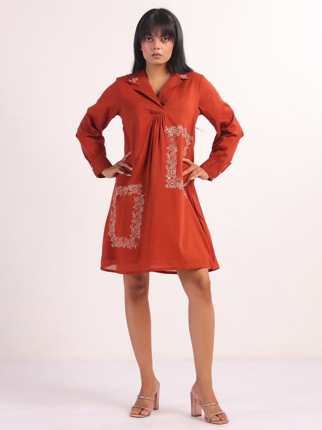 Rust Shoulder Straps Printed Flared Midi Dress For Women
