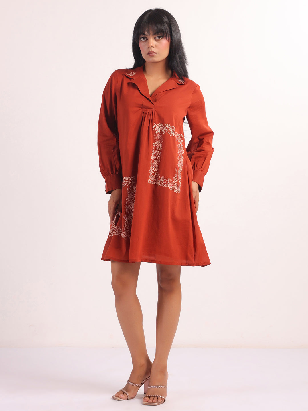 Rust Shoulder Straps Printed Flared Midi Dress For Women
