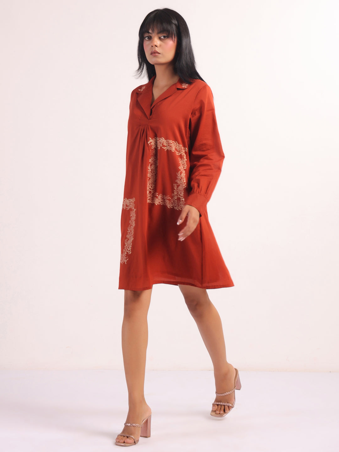 Rust Shoulder Straps Printed Flared Midi Dress For Women