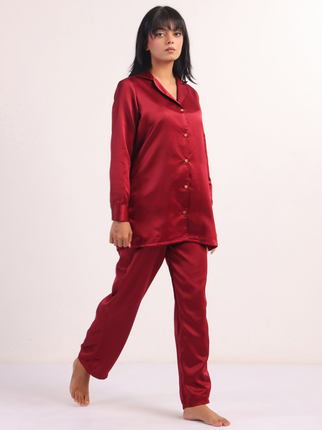 Marron Lapel Collar Solid Print Silk Night Suit For Women