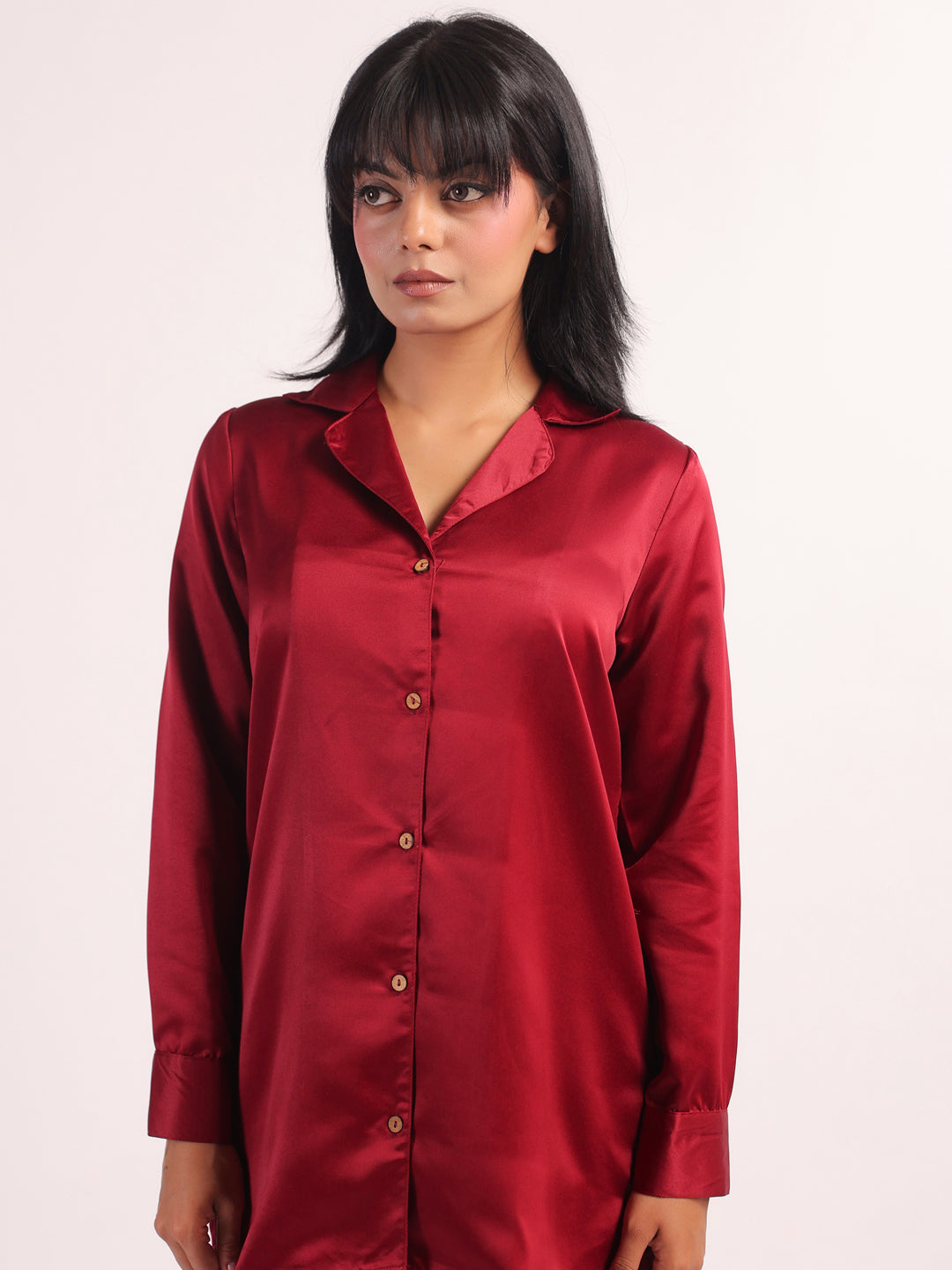 Marron Lapel Collar Solid Print Silk Night Suit For Women