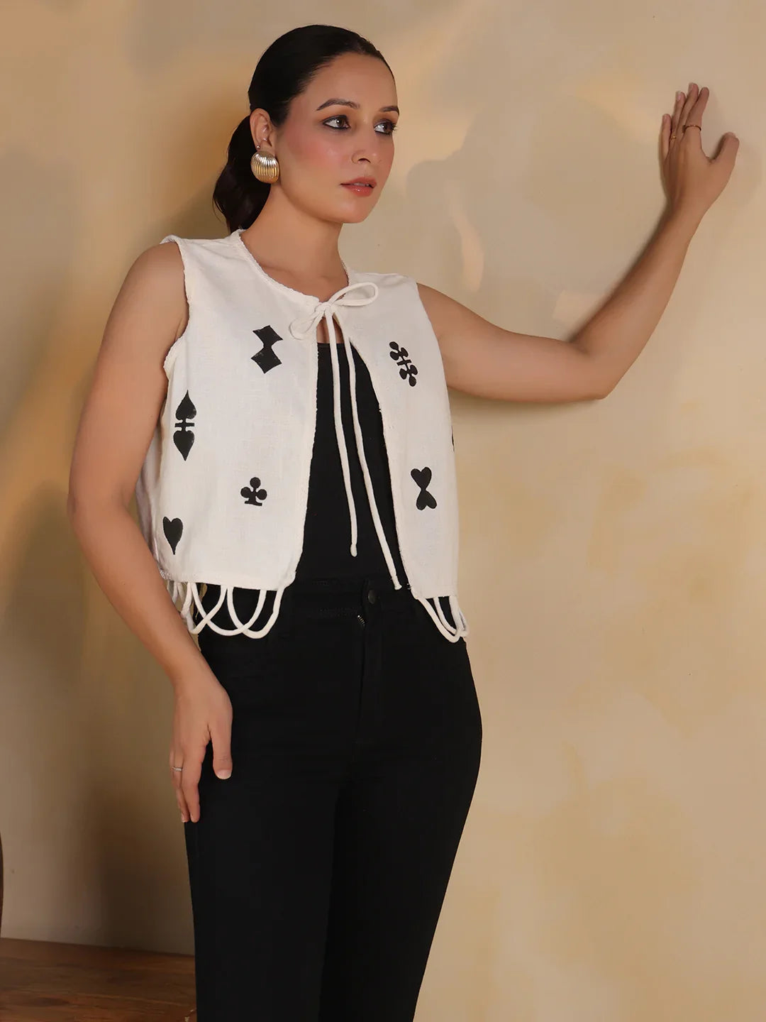 White Playing Card Print Handloom Jacket for Women - SanskrutiHomes