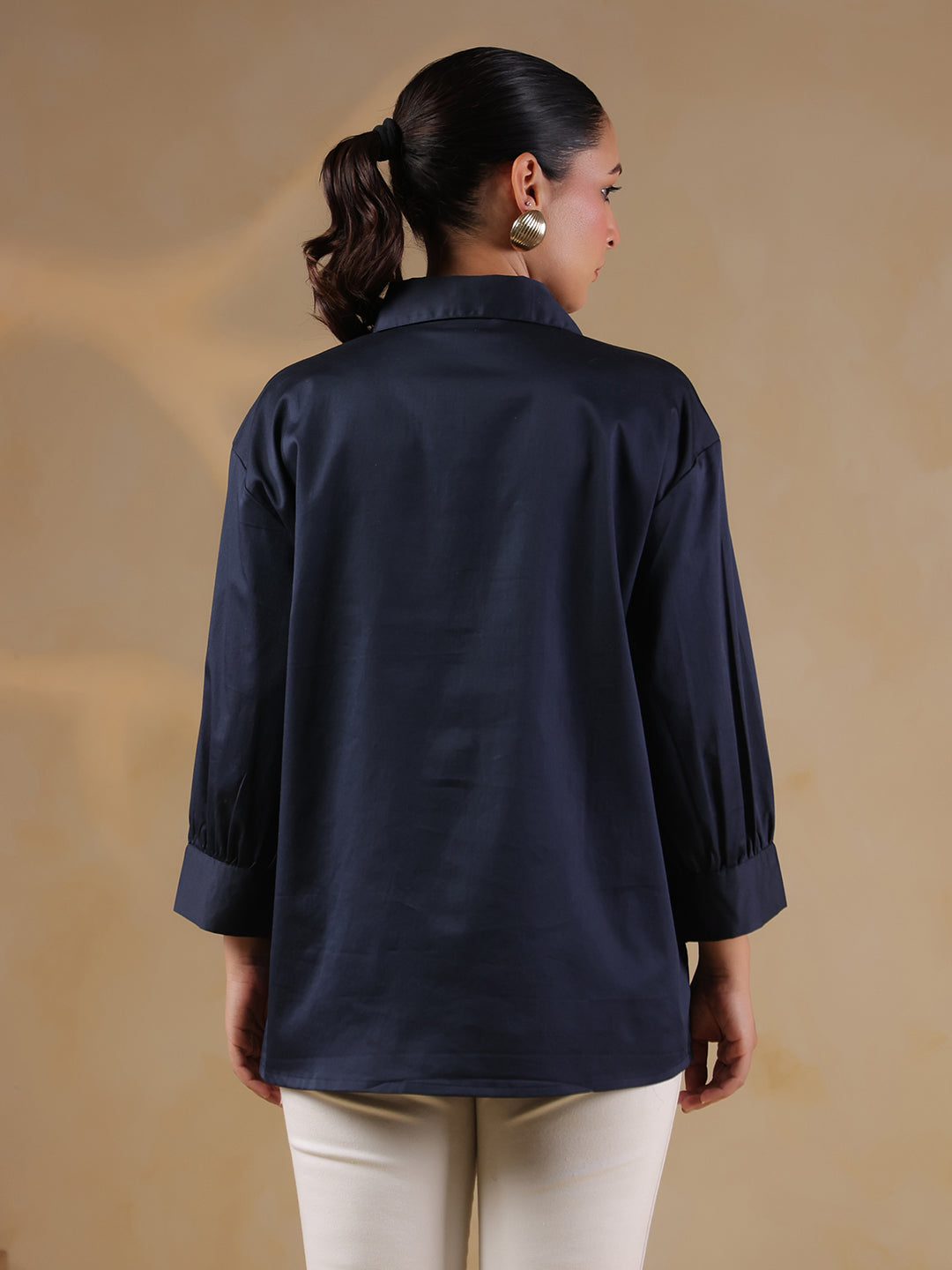 Navy Blue Shirt Collar Oversized Solid Women Shirt
