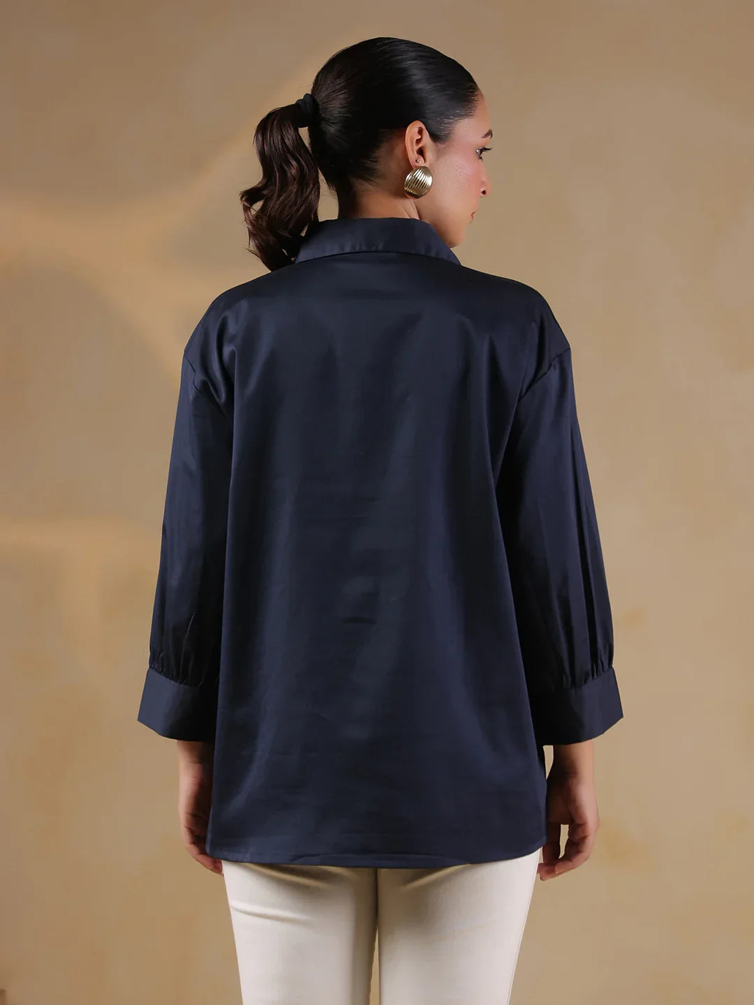 Navy Blue Shirt Collar Oversized Solid Women Shirt - SanskrutiHomes