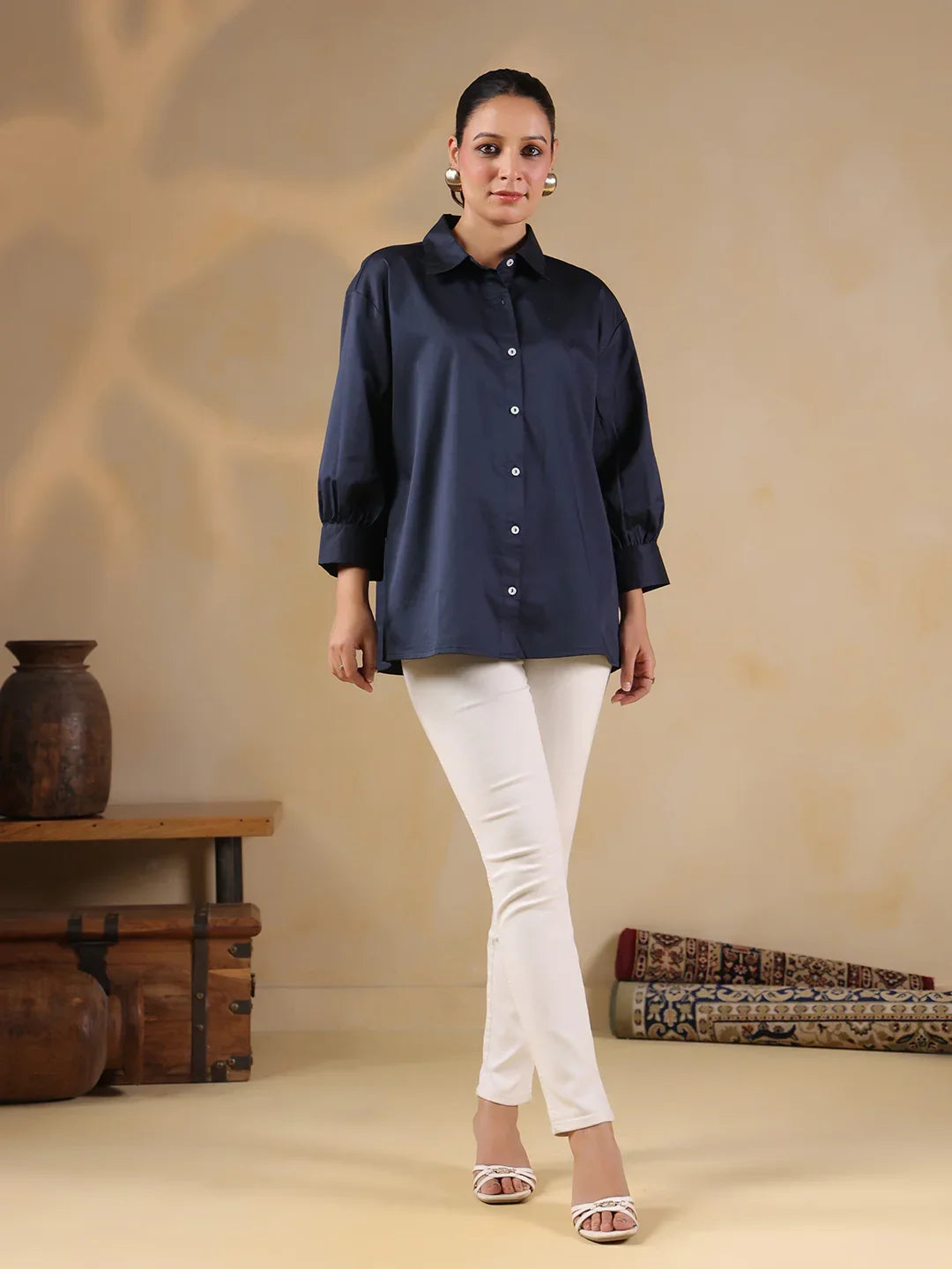 Navy Blue Shirt Collar Oversized Solid Women Shirt - SanskrutiHomes