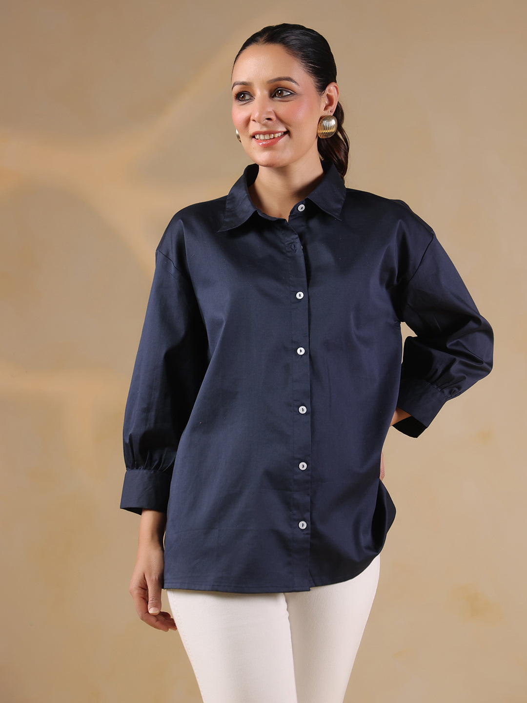 Navy Blue Shirt Collar Oversized Solid Women Shirt
