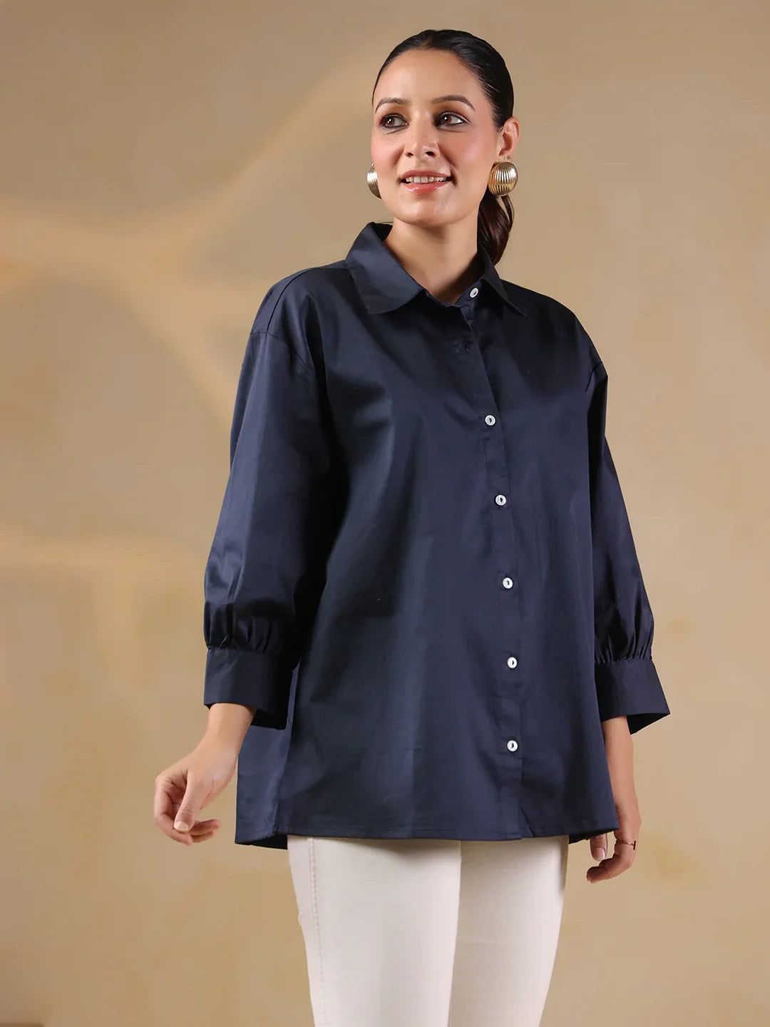 Navy Blue Shirt Collar Oversized Solid Women Shirt - SanskrutiHomes