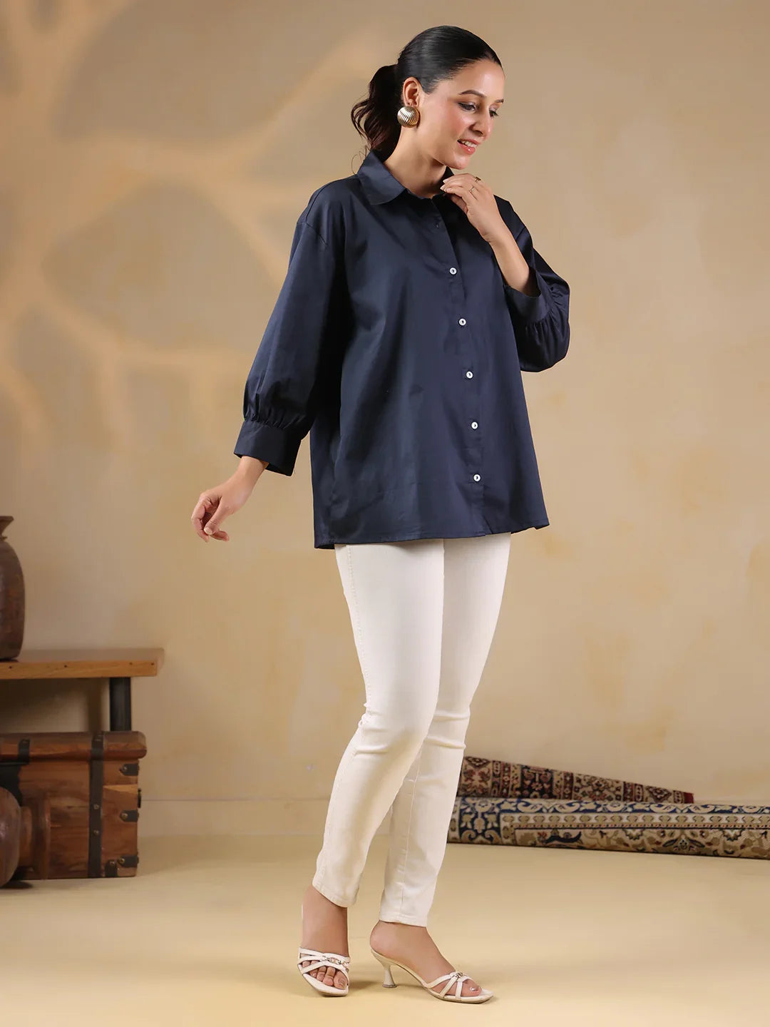 Navy Blue Shirt Collar Oversized Solid Women Shirt - SanskrutiHomes