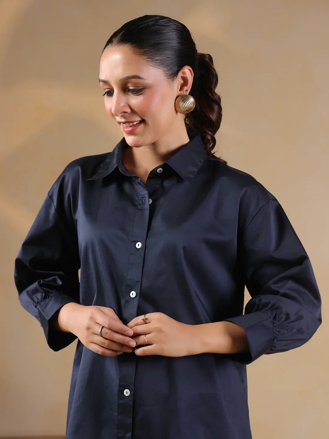 Navy Blue Shirt Collar Oversized Solid Women Shirt - SanskrutiHomes