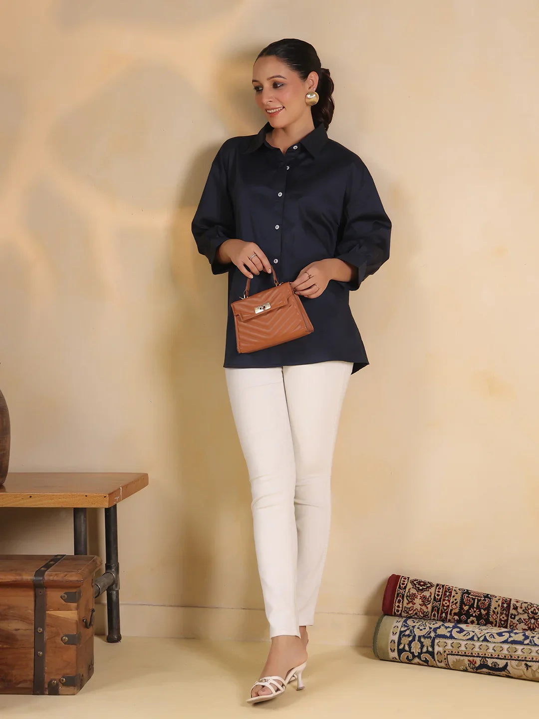 Navy Blue Shirt Collar Oversized Solid Women Shirt - SanskrutiHomes