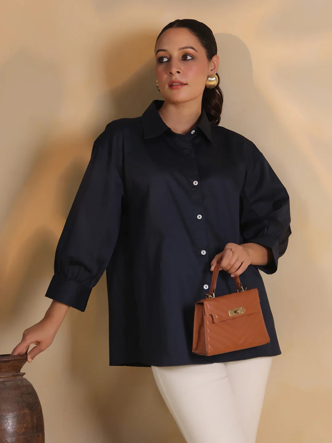 Navy Blue Shirt Collar Oversized Solid Women Shirt - SanskrutiHomes