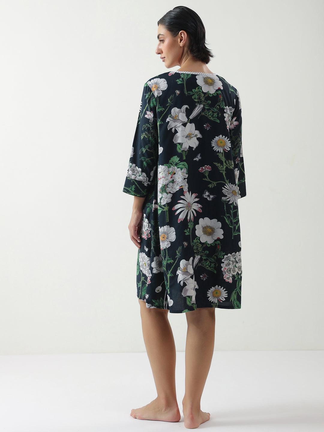 Black Floral Printed Cotton V-Neck Night Dress