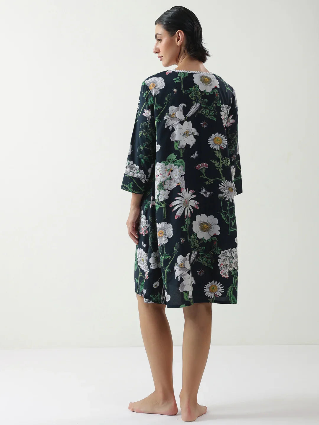Black Floral Printed Cotton V-Neck Night Dress - SanskrutiHomes
