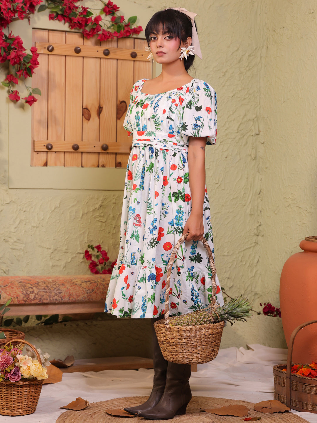 White Round Neck Floral Print Flared Pure Cotton Dress For Women