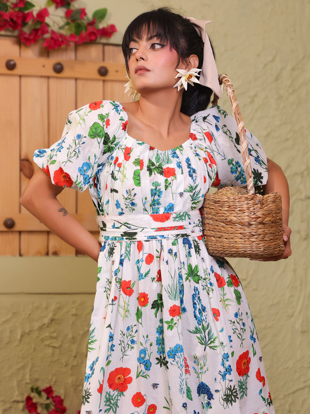 White Round Neck Floral Print Flared Pure Cotton Dress For Women