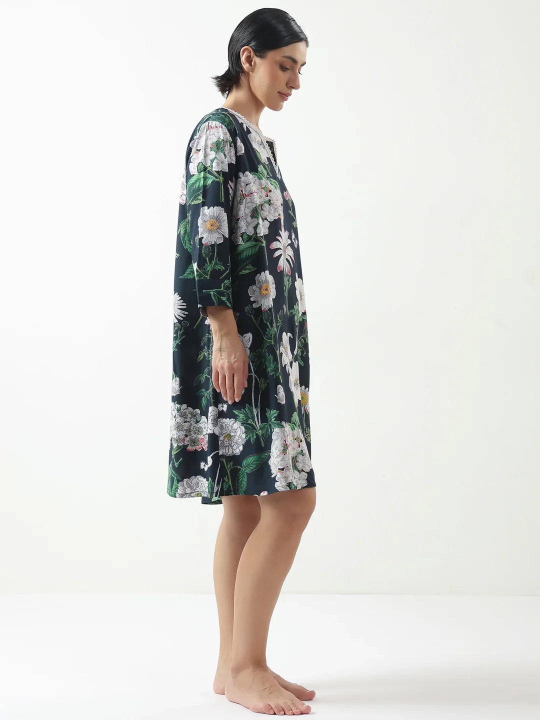 Black Floral Printed Cotton V-Neck Night Dress - SanskrutiHomes