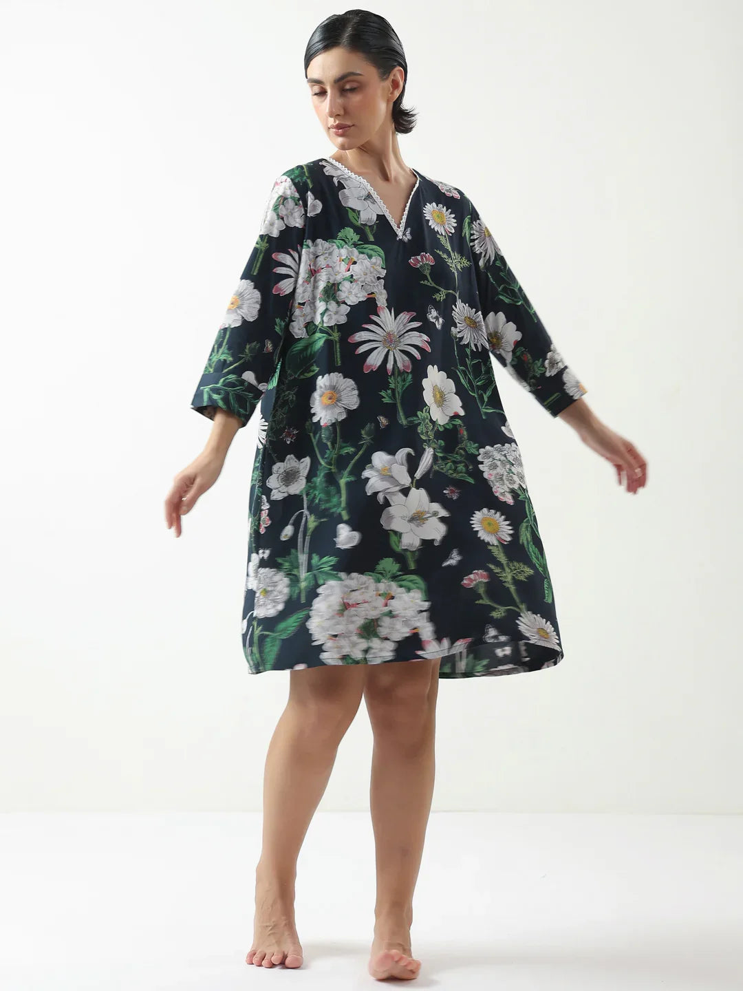 Black Floral Printed Cotton V-Neck Night Dress - SanskrutiHomes