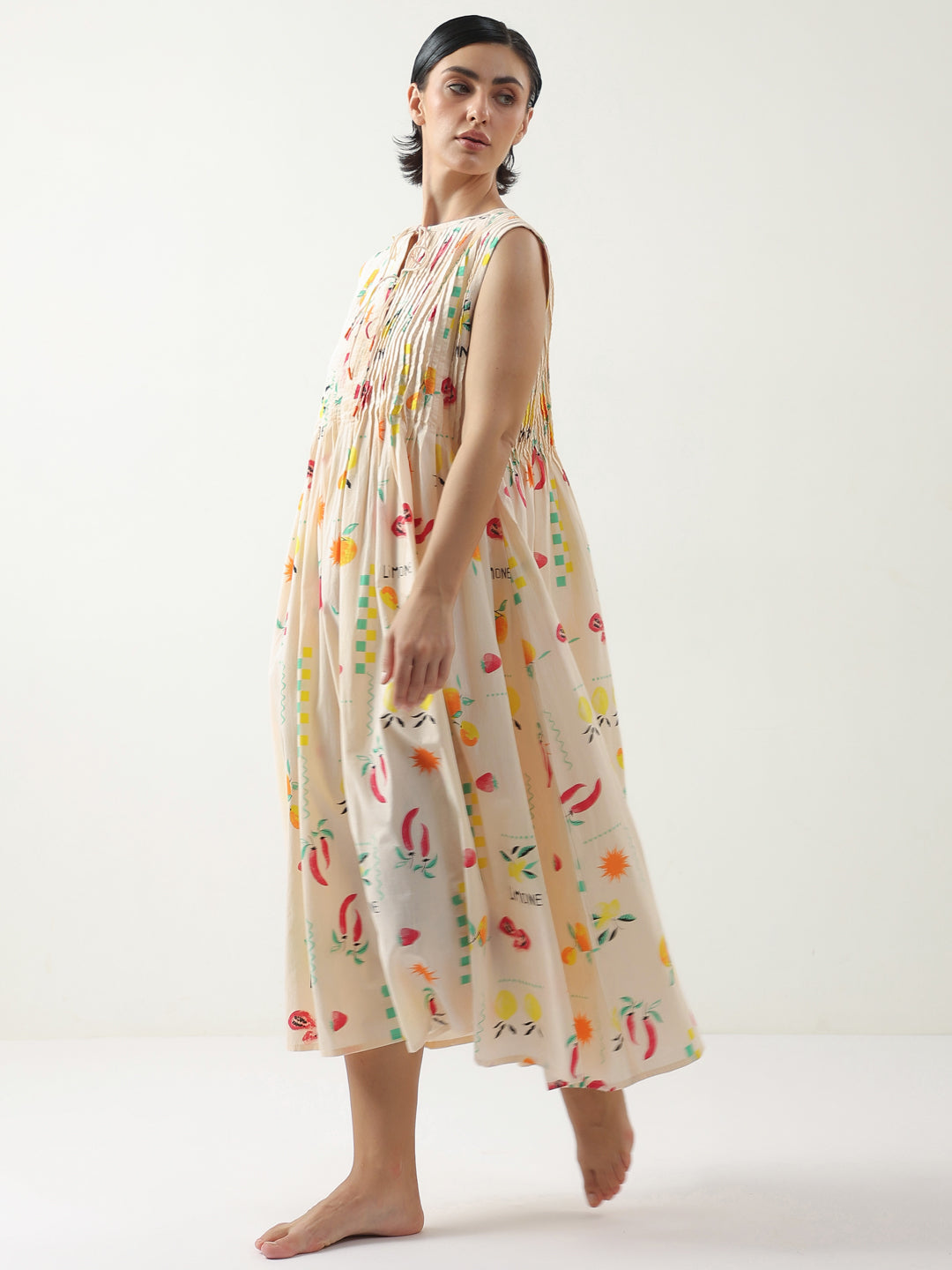 Peach Printed Cotton Dress For Women