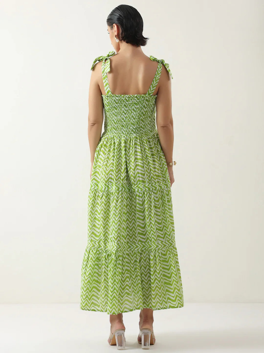 Green Square Neck Cotton Dress for Women - SanskrutiHomes