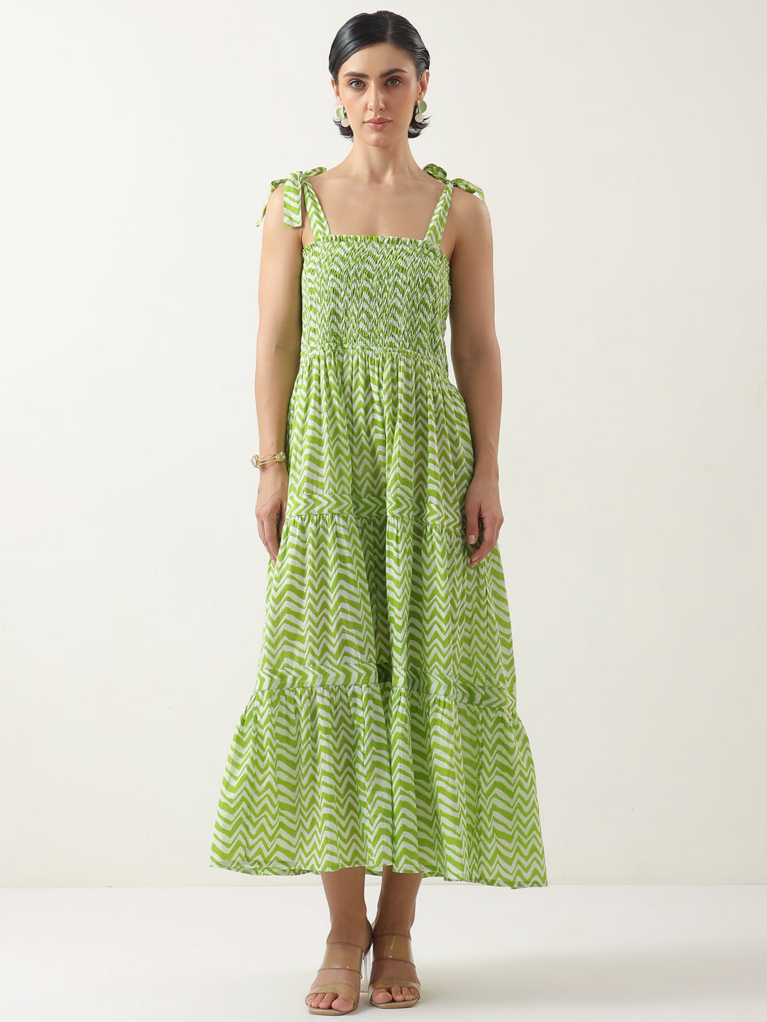 Green Square Neck Cotton Dress for Women
