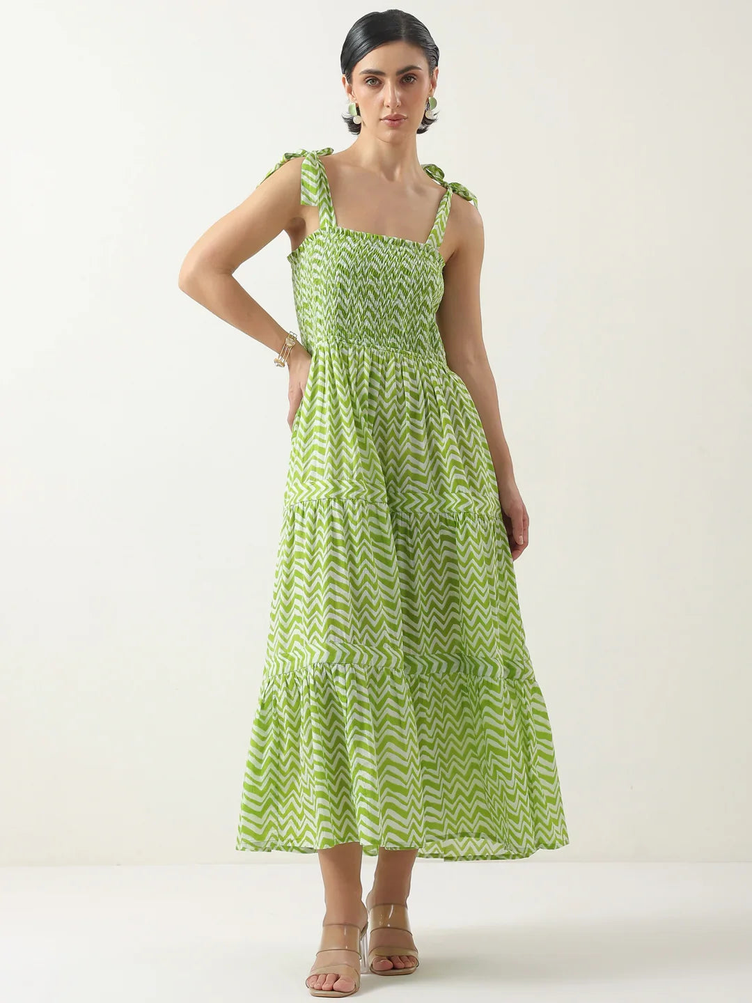 Green Square Neck Cotton Dress for Women - SanskrutiHomes