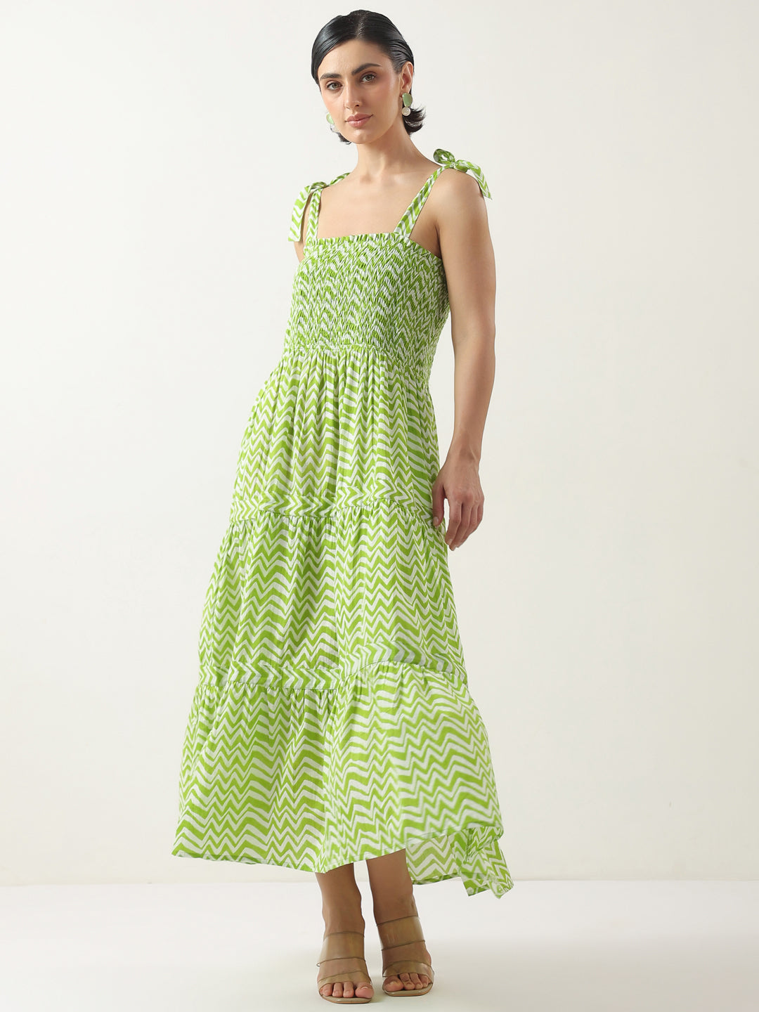 Green Square Neck Cotton Dress for Women