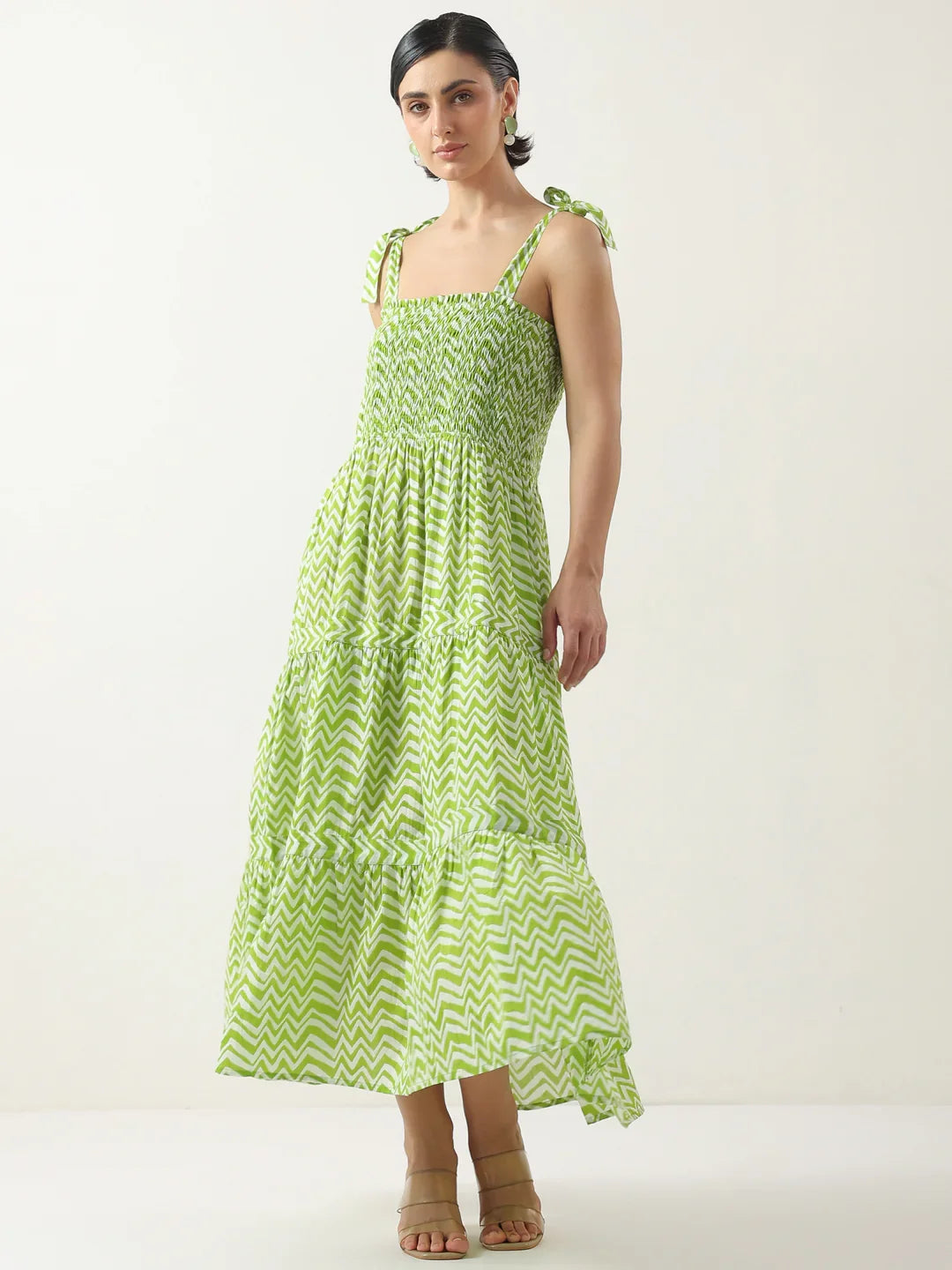 Green Square Neck Cotton Dress for Women - SanskrutiHomes