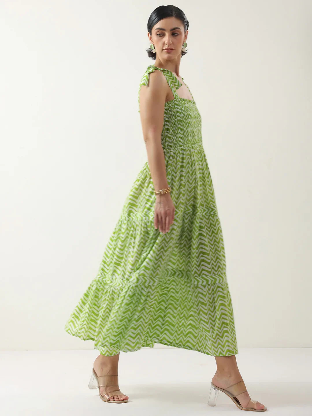 Green Square Neck Cotton Dress for Women - SanskrutiHomes