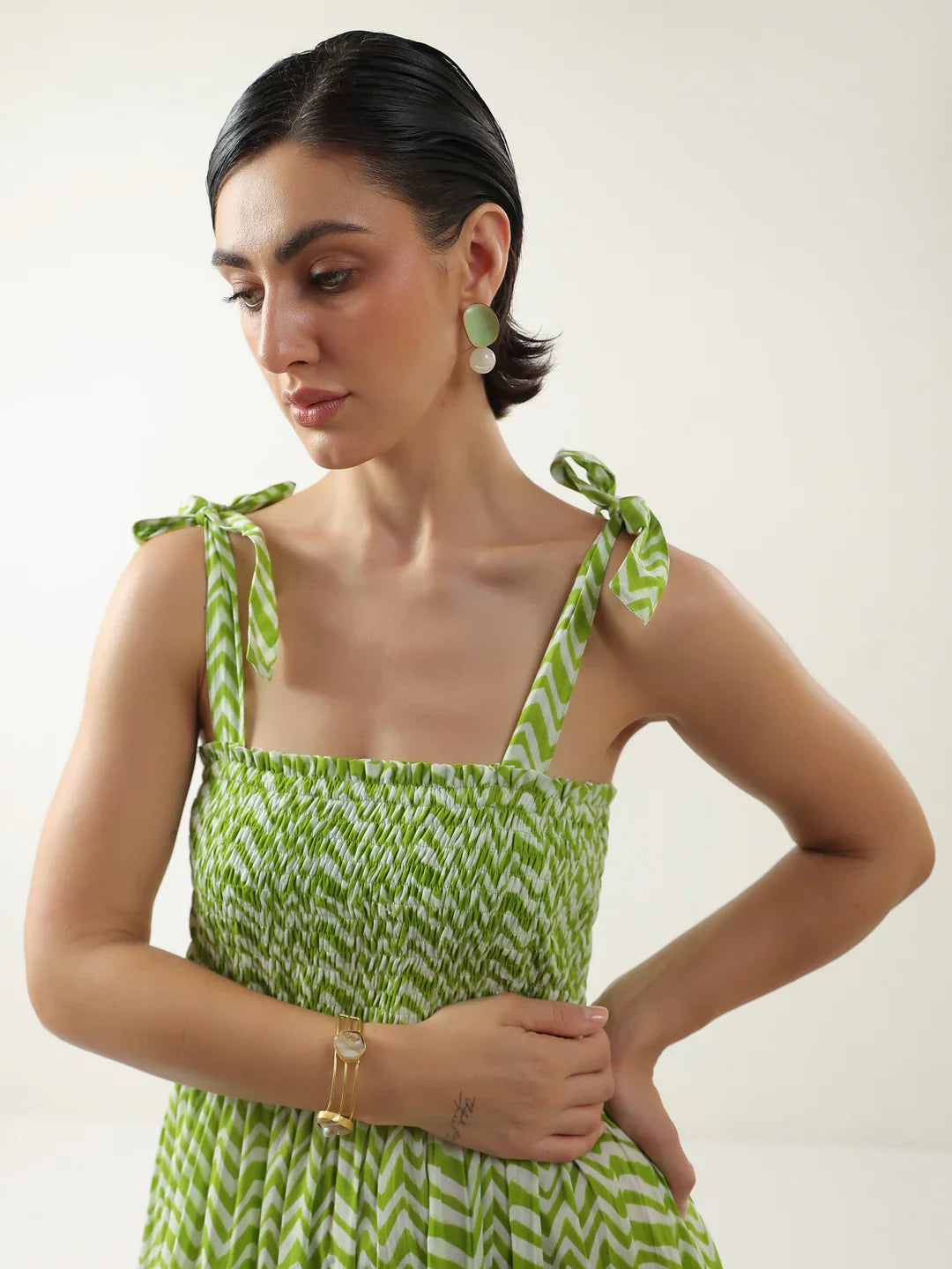 Green Square Neck Cotton Dress for Women - SanskrutiHomes