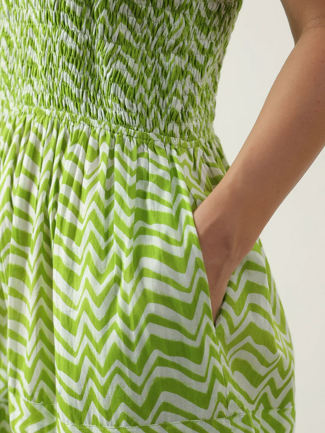 Green Square Neck Cotton Dress for Women - SanskrutiHomes