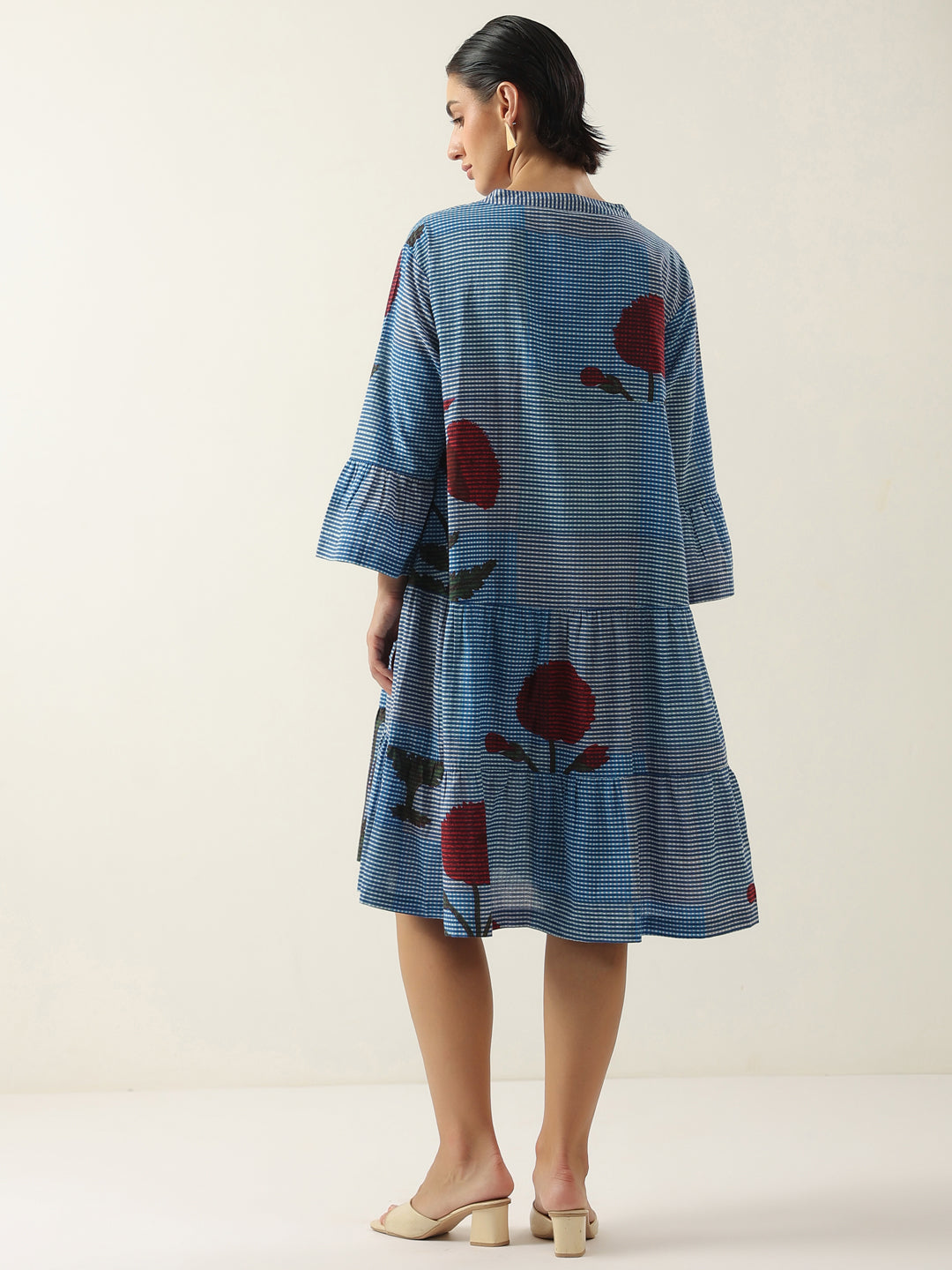 Blue Floral Printed V-Neck Cotton Dress