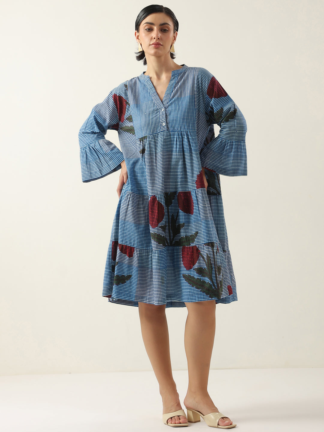 Blue Floral Printed V-Neck Cotton Dress