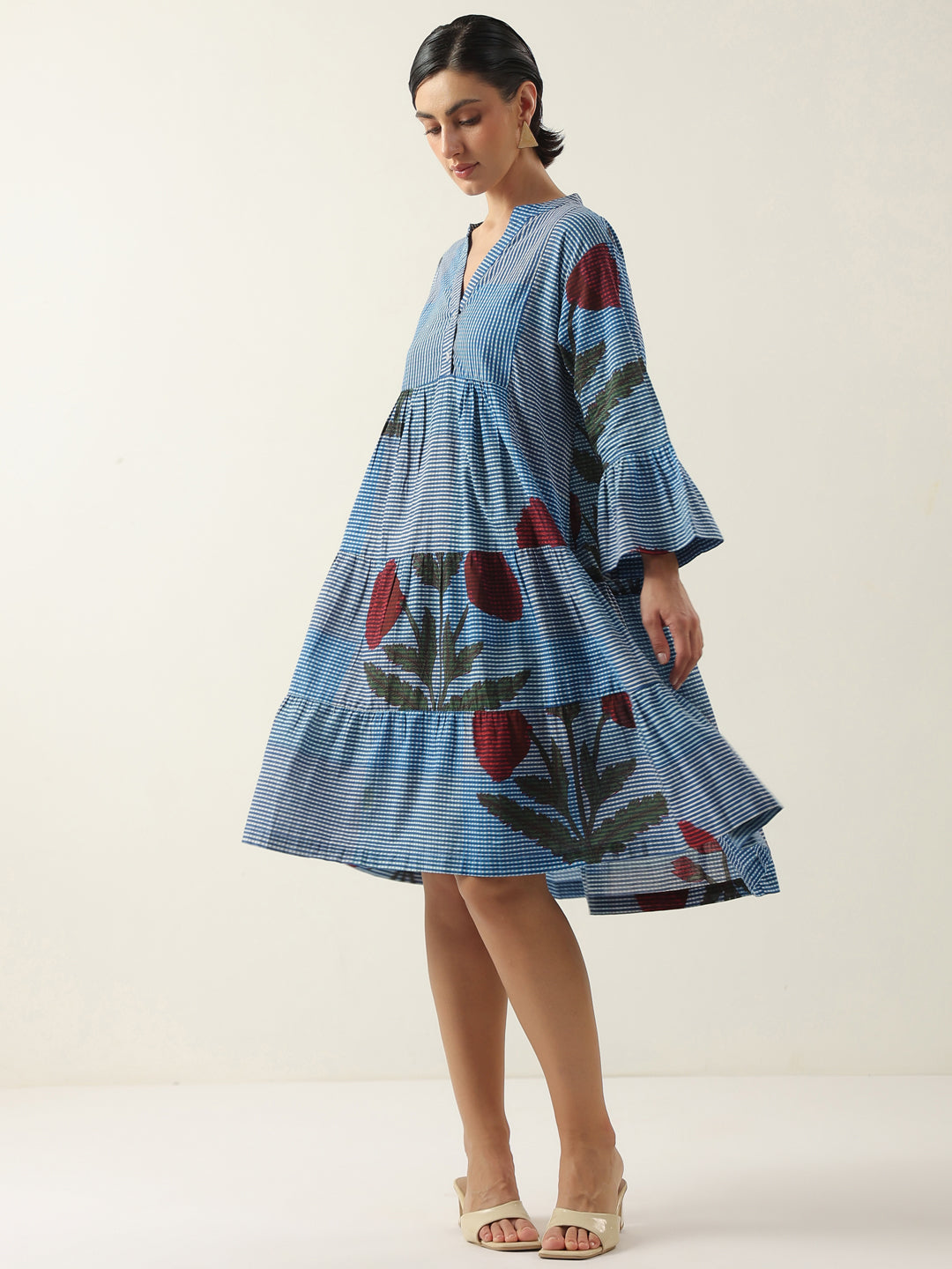 Blue Floral Printed V-Neck Cotton Dress
