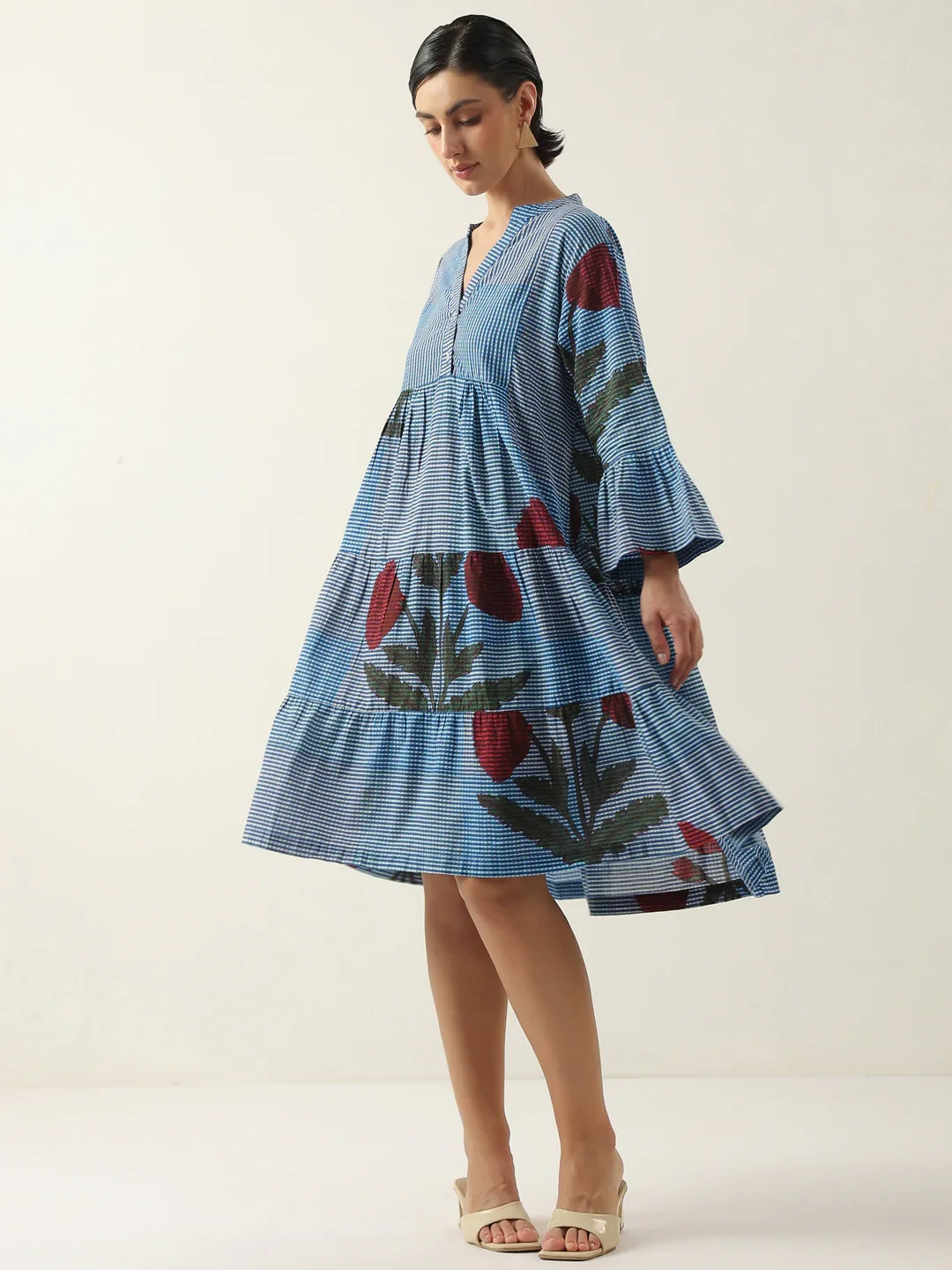 Blue Floral Printed V-Neck Cotton Dress - SanskrutiHomes