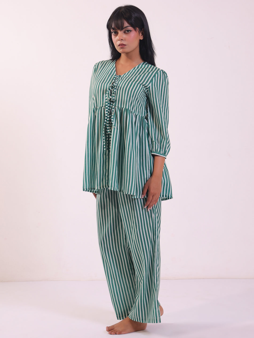Green V-Neck Stripe Print Pure Cotton Night Suit For Women